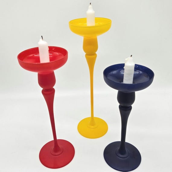 J.G. Durand France Frosted Art Glass Candlesticks Set of 3 - Vintage Postmodern Memphis Candle Holders