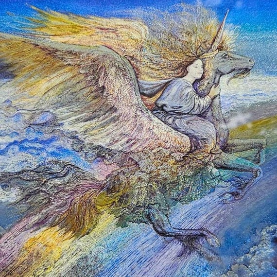 Vintage Dufex Print "Flight to Aquarius" by Josephine Wall - FRAMED 1994 F.J. Warren Limited in England - Fantasy Art - Reflective Foil Art