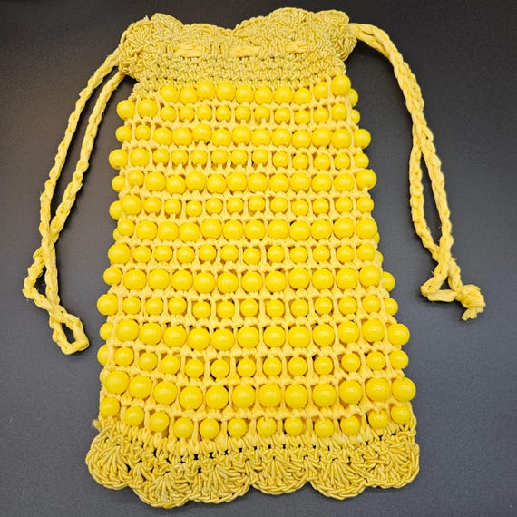 Vintage Italian Beaded Drawstring Purse: Yellow Crochet Boho Clutch