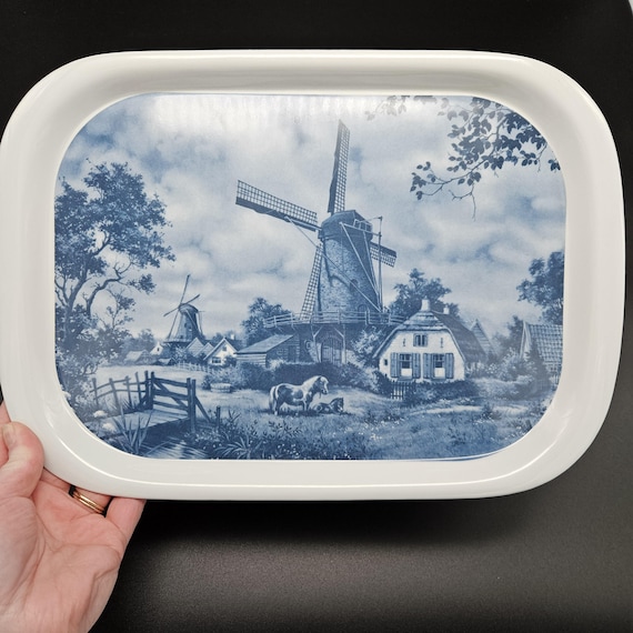 Vintage Melamine Ware Delft Style Windmill Tray – Blue Dutch Farmhouse Scene – 14x10 Serving Tray