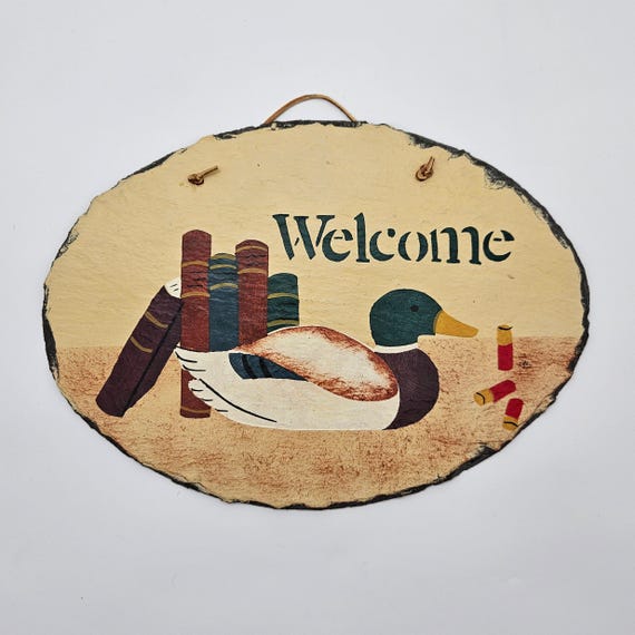 Vintage 1990s Cape Cod Stencil ‘Welcome’ Duck Slate Plaque — 13×9 Rustic Wall Sign