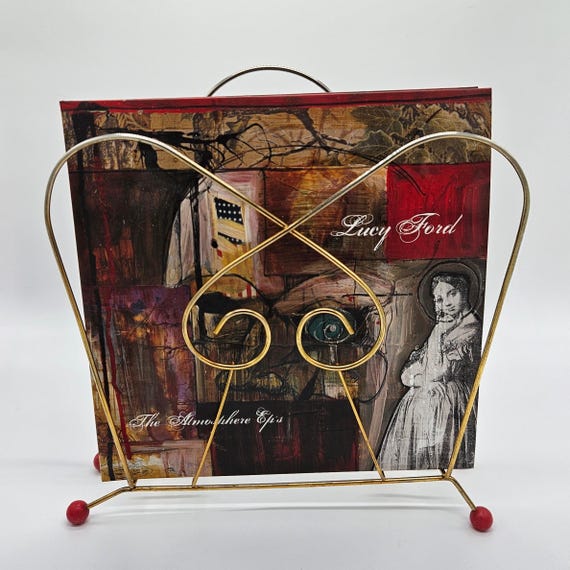 Vintage MCM Wire Record Holder - Atomic Magazine Rack - Brass Tone Metal Organizer - AS IS