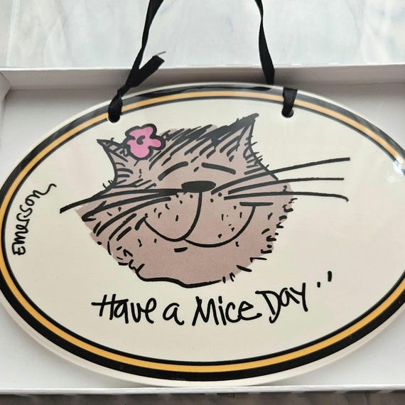 Vintage Tumbleweed Pottery Cat Wall Plaque: "Have a Mice Day" Emerson Collectible