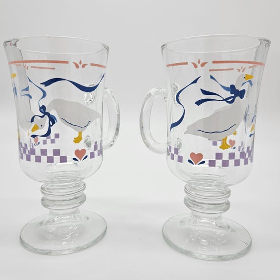 Pair of Vintage Libbey Glass Mugs — Country Geese with Pin Heart Design