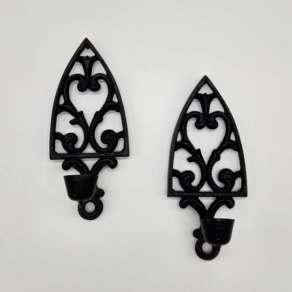 Vintage 1948 Gothic Cast Iron Wall Sconces Pair Cathedral Candle Holders