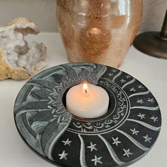 Hand Carved Soapstone Sun & Stars Tealight Holder - Celestial - Black Stone Sunburst