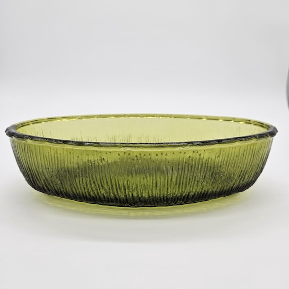 FTD 1975 Avocado Green Oval Glass Planter or Bowl – Bark Texture – 9.5” Mid-Century Catchall