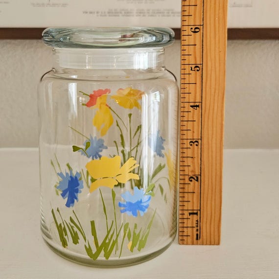 RARE Vintage Hildi Style Beautiful Glass Canister Jar, Floral Kitchenware with lid (not original lid). Few minor flaws but SO cute. 6in tall