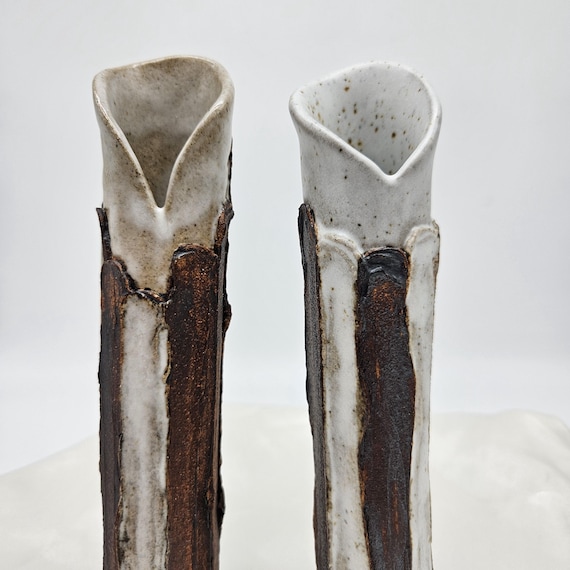 Studio Pottery Vase Pair – Brutalist Stoneware – Signed 2007
