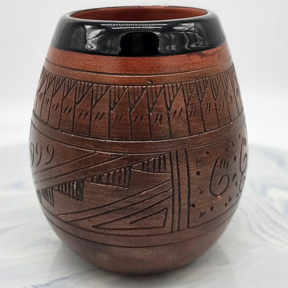 Signed Maxine Clark Diné (Navajo) Hand Carved Pottery Vase Burnished Native American Southwest Art 5.5"