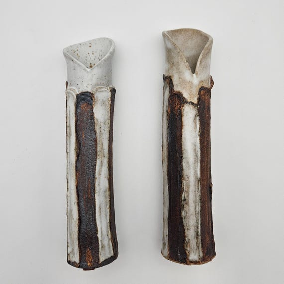Studio Pottery Vase Pair – Brutalist Stoneware – Signed 2007