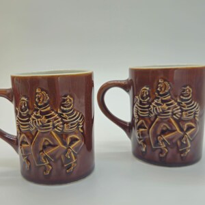 Vintage Hall Pottery Dancing Sailors Mugs: Brown Glaze Nautical Decor