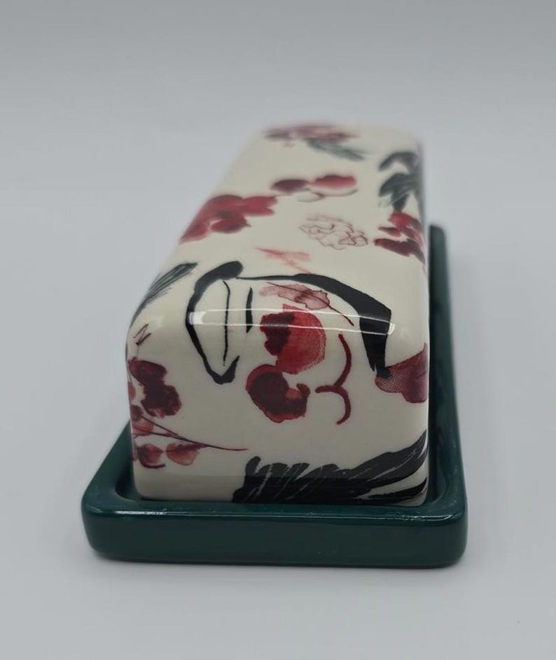 Anthropologie Holly Berry Stoneware Butter Dish Green Base Holiday Kitchen Decor image 6