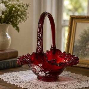 Fenton Glass Basket Painted Flowers - Etsy