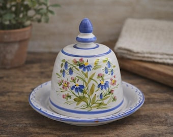 Handpainted Faience Style Studio Pottery Butter Dish/Cheese Dome Signed