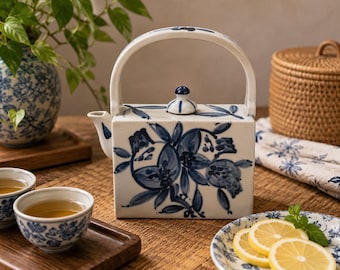 Vintage Decorative Japanese Seto Style Square Blue & White Floral Ceramic Teapot