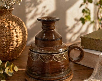 Vintage Studio Pottery Oil Candle Lamp Brown Glaze Carved Mid Century Style