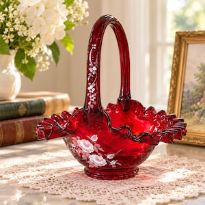 Fenton Glass Basket Painted Flowers - Etsy