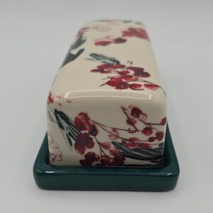 Anthropologie Holly Berry Stoneware Butter Dish Green Base Holiday Kitchen Decor image 4