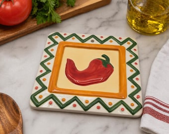 Vintage Clay Art Handpainted Chili Pepper Ceramic Trivet Southwest Decor