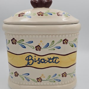 Vintage Handmade Ceramic Biscotti Cookie Jar w/ Lid