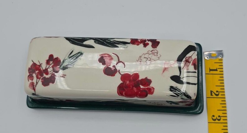 Anthropologie Holly Berry Stoneware Butter Dish Green Base Holiday Kitchen Decor image 3