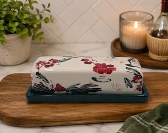 Anthropologie Holly Berry Stoneware Butter Dish Green Base Holiday Kitchen Decor