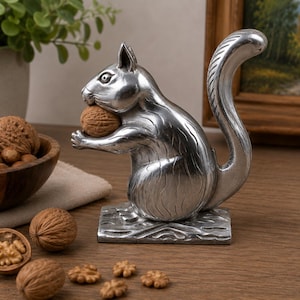 May include: A silver-colored metal nutcracker shaped like a squirrel sitting on a rectangular base. The squirrel is depicted in a seated position with its tail curved upward, holding a single brown walnut between its front paws.