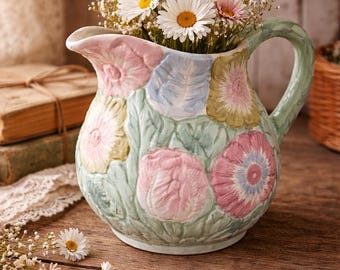 Vintage Embossed Floral Pitcher Hand Painted Pastel Cottage Decor