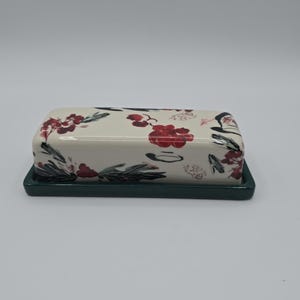 Anthropologie Holly Berry Stoneware Butter Dish Green Base Holiday Kitchen Decor image 1