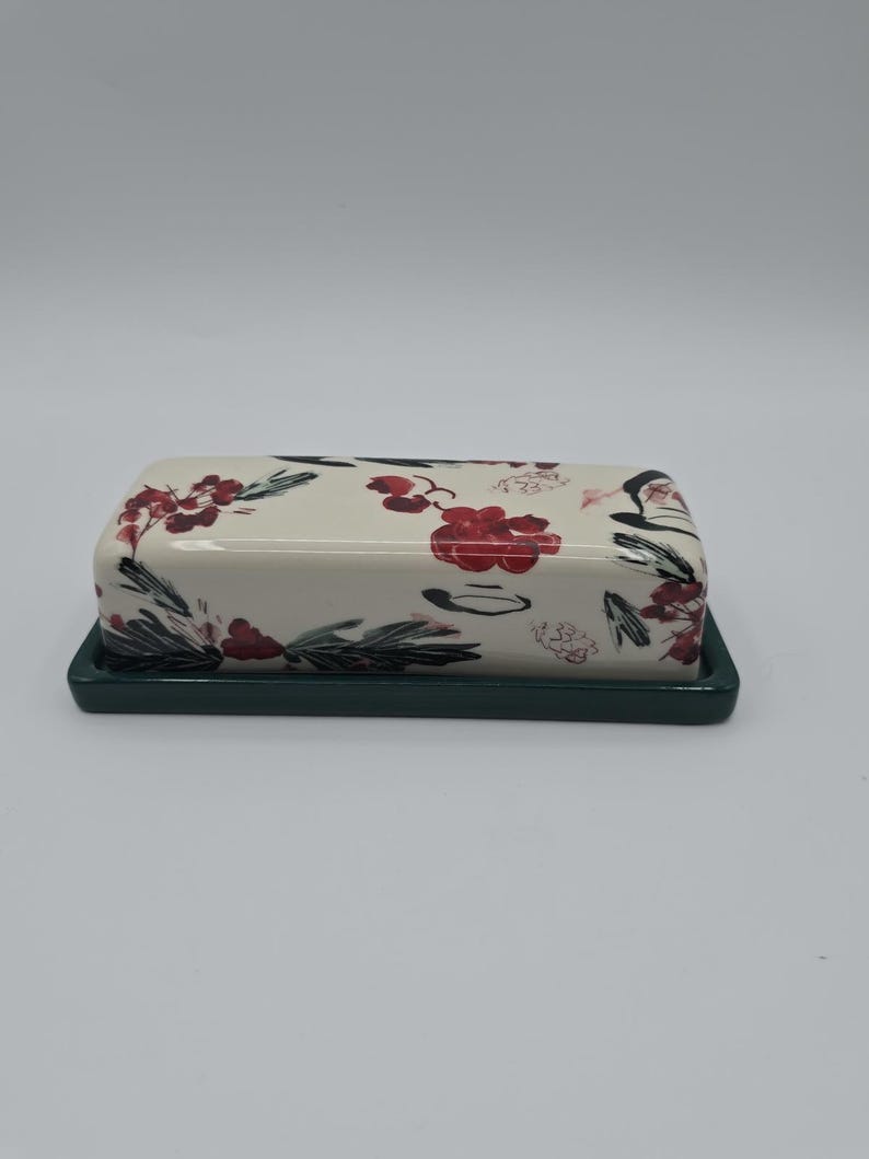 Anthropologie Holly Berry Stoneware Butter Dish Green Base Holiday Kitchen Decor image 1