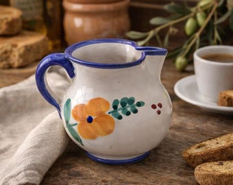 Vintage Handpainted White and Blue Flowered Italian Ceramic Pitcher/Creamer