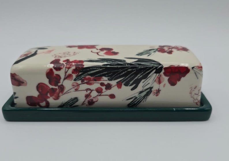 Anthropologie Holly Berry Stoneware Butter Dish Green Base Holiday Kitchen Decor image 5