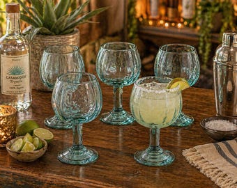 Vintage Mexican Hand Blown Aqua Glass Goblets Set of 5 Margarita Wine Glasses