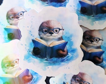 Bookish Sea Otter Sticker: Holographic Vinyl, Laptop Decal