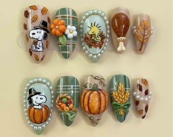 Handmade Thanksgiving Press On Nails | Pumpkins, Autumn Leaves, Plaid, Turkey Drumstick & Cornucopia | Almond Nails For Harvest Vibes