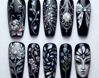 Handmade Gothic Shell Press On Nails - Pearl Flowers & Bow - Coffin Nails for Dark Elegance - Opalescent Nail Art