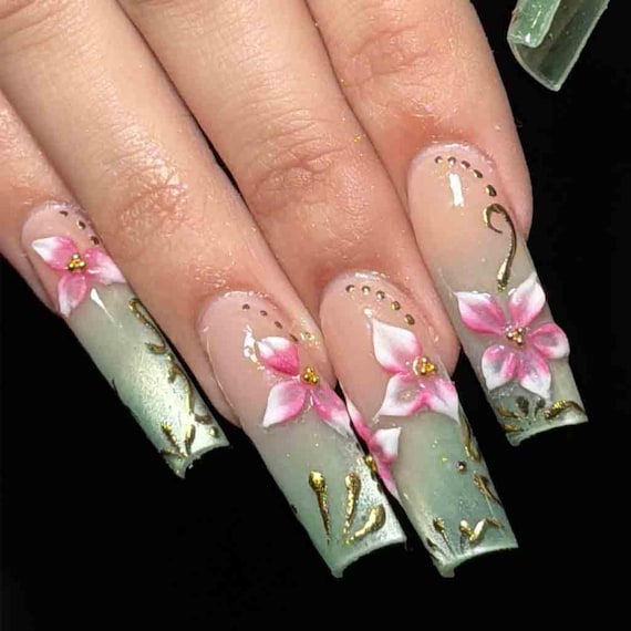 Handmade Sage Green Floral Press On Nails | Pink 3D Flowers, Gold Foil Accents | Long Square Nails for Soft Elegant Vibes