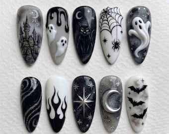 Monochrome Ghost Press On Nails, Black Cat & Spooky Castle Nails, Dark Gothic Starry Handmade Halloween Nail Set