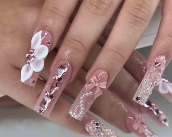 Handmade Pink Glam Press On Nails | 3D Flowers, Pearls & Sparkly Rhinestones | Long Square Nails For Luxury Feminine Vibes