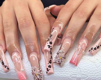 Handmade Pink Leopard Press On Nails | 3D Bow, Pearl & Animal Print Design | Long Square Nails for Baddie Look, Girls Night or Fashion Gift
