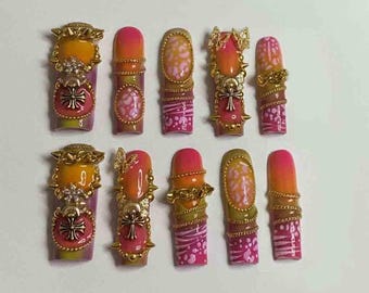 Handmade Glamorous Press On Nails | 3D Gold Embellishments & Pink Ombré Design | Long Square Nails for Luxurious Vibes