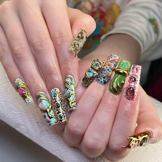 Handmade Luxury Gold Press On Nails | 3D Chrome Texture, Crystal Shell & Dot Art | Long Square Nails for Gala, Photoshoot or Bold Style