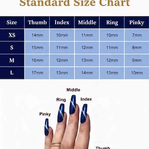 May include: A nail size chart with measurements in millimeters for thumb, index, middle, ring, and pinky fingers. The chart includes sizes XS to L. A hand with blue nails is shown for reference.