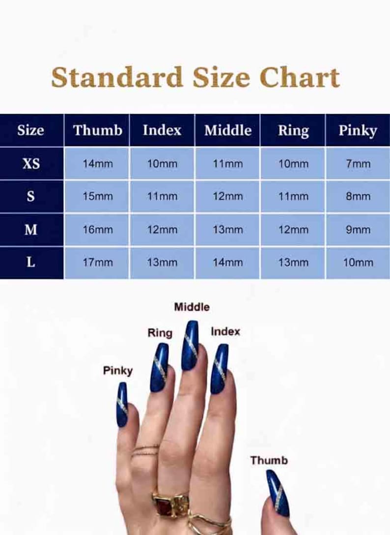 May include: A nail size chart with measurements in millimeters for thumb, index, middle, ring, and pinky fingers. The chart includes sizes XS to L. A hand with blue nails is shown for reference.