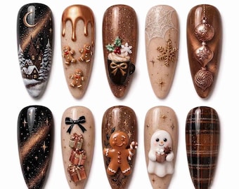 Cozy Gingerbread Press On Nails, Brown Cateye Snowflake Gift Nails, Tartan Plaid Ghost Christmas Handmade Holiday Nail Set