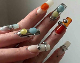 Chrome Accent Nails, Glossy Handmade Press On Nail Set, Futuristic Y2K Style, 3D Bubbles and Metal Frame Design, Bold Retro Tech Nails