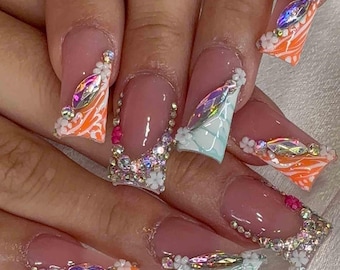 Handmade Glam Press On Nails | 3D Flower, AB Rhinestone, Marble & Orange Art | Long Square Nails for Elegant Vibe