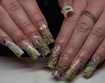 Handmade Elegant Luxury Press On Nails | 3D Flowers, Gold Accents & Gems | Square Nails for Chic Glamorous Vibes