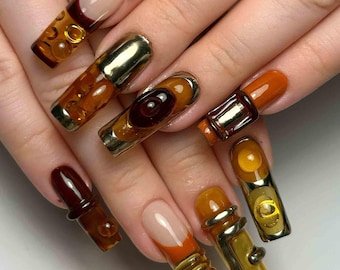 Handmade Abstract Amber Press On Nails | 3D Liquid Gel, Gold Chrome & Jewel Tone Design | Long Square Nails for High-End Edgy Aesthetic